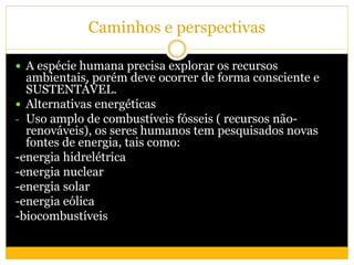 Caminhos e perspectivas
 A espécie humana precisa explorar os recursos
ambientais, porém deve ocorrer de forma consciente e
SUSTENTÁVEL.
 Alternativas energéticas
- Uso amplo de combustíveis fósseis ( recursos não-
renováveis), os seres humanos tem pesquisados novas
fontes de energia, tais como:
-energia hidrelétrica
-energia nuclear
-energia solar
-energia eólica
-biocombustíveis
 