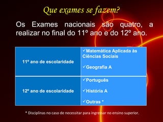 Que exames se fazem? Os Exames nacionais são quatro, a realizar no final do 11º ano e do 12º ano.  * Disciplinas no caso de necessitar para ingressar no ensino superior. 11º ano de escolaridade Matemática Aplicada às Ciências Sociais Geografia A 12º ano de escolaridade Português História A Outras * 