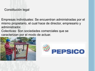 Constitución legal
Empresas individuales: Se encuentran administradas por el
mismo propietario, el cual hace de director, empresario y
administrador.
Colectivas: Son sociedades comerciales que se
caracterizan por el modo de actuar.
 