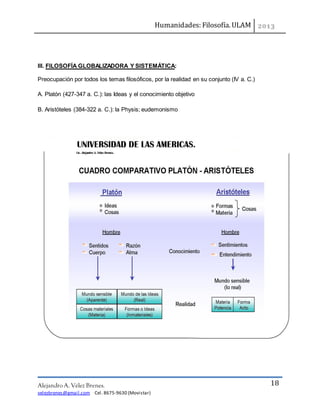 Humanidades: Filosofía. ULAM
Alejandro A. Vélez Brenes.
velezbrenes@gmail.com Cel. 8675-9630 (Movistar)
18
III. FILOSOFÍA GLOBALIZADORA Y SISTEMÁTICA:
Preocupación por todos los temas filosóficos, por la realidad en su conjunto (IV a. C.)
A. Platón (427-347 a. C.): las Ideas y el conocimiento objetivo
B. Aristóteles (384-322 a. C.): la Physis; eudemonismo
 