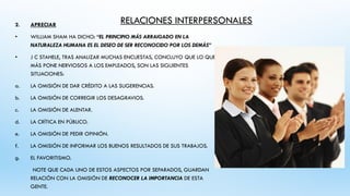 RELACIONES INTERPERSONALES
2. APRECIAR
• WILLIAM SHAM HA DICHO: “EL PRINCIPIO MÁS ARRAIGADO EN LA
NATURALEZA HUMANA ES EL DESEO DE SER RECONOCIDO POR LOS DEMÁS”
• J C STAHELE, TRAS ANALIZAR MUCHAS ENCUESTAS, CONCLUYO QUE LO QUE
MÁS PONE NERVIOSOS A LOS EMPLEADOS, SON LAS SIGUIENTES
SITUACIONES:
a. LA OMISIÓN DE DAR CRÉDITO A LAS SUGERENCIAS.
b. LA OMISIÓN DE CORREGIR LOS DESAGRAVIOS.
c. LA OMISIÓN DE ALENTAR.
d. LA CRÍTICA EN PÚBLICO.
e. LA OMISIÓN DE PEDIR OPINIÓN.
f. LA OMISIÓN DE INFORMAR LOS BUENOS RESULTADOS DE SUS TRABAJOS.
g. EL FAVORITISMO.
NOTE QUE CADA UNO DE ESTOS ASPECTOS POR SEPARADOS, GUARDAN
RELACIÓN CON LA OMISIÓN DE RECONOCER LA IMPORTANCIA DE ESTA
GENTE.
 