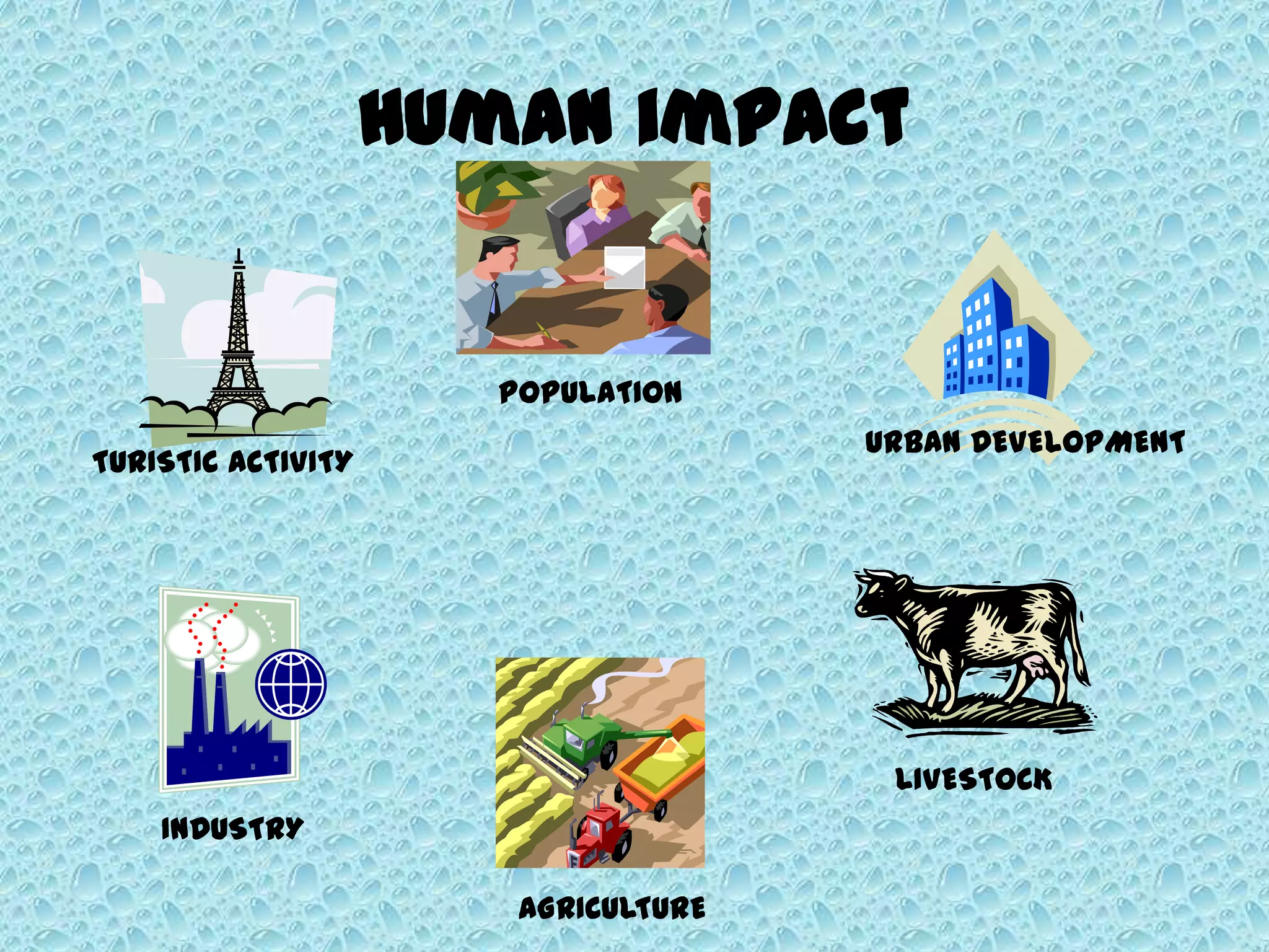 Human impact
POPULATION
URBAN DEVELOPMENT
TURISTIC ACTIVITY
INDUSTRY
LIVESTOCK
AGRICULTURE
 