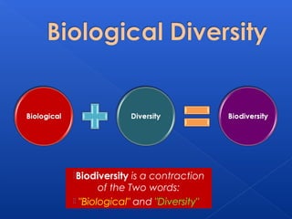 Biodiversity isa contraction
       of the Two words:
 "Biological" and "Diversity" 
 