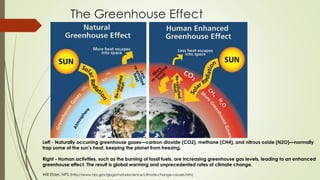 The Greenhouse Effect
Left - Naturally occurring greenhouse gases—carbon dioxide (CO2), methane (CH4), and nitrous oxide (N2O)—normally
trap some of the sun’s heat, keeping the planet from freezing.
Right - Human activities, such as the burning of fossil fuels, are increasing greenhouse gas levels, leading to an enhanced
greenhouse effect. The result is global warming and unprecedented rates of climate change.
Will Elder, NPS (http://www.nps.gov/goga/naturescience/climate-change-causes.htm)
 