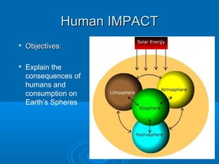Human IMPACT




Objectives:
Explain the
consequences of
humans and
consumption on
Earth’s Spheres

 
