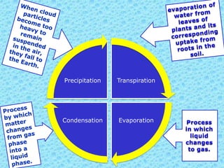 Precipitation   Transpiration




Condensation    Evaporation
 