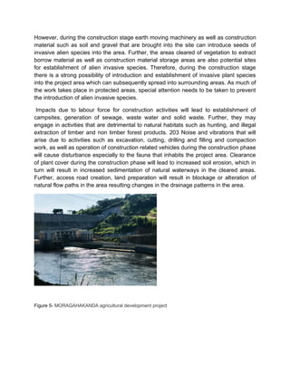 However, during the construction stage earth moving machinery as well as construction
material such as soil and gravel that are brought into the site can introduce seeds of
invasive alien species into the area. Further, the areas cleared of vegetation to extract
borrow material as well as construction material storage areas are also potential sites
for establishment of alien invasive species. Therefore, during the construction stage
there is a strong possibility of introduction and establishment of invasive plant species
into the project area which can subsequently spread into surrounding areas. As much of
the work takes place in protected areas, special attention needs to be taken to prevent
the introduction of alien invasive species.
Impacts due to labour force for construction activities will lead to establishment of
campsites, generation of sewage, waste water and solid waste. Further, they may
engage in activities that are detrimental to natural habitats such as hunting, and illegal
extraction of timber and non timber forest products. 203 Noise and vibrations that will
arise due to activities such as excavation, cutting, drilling and filling and compaction
work, as well as operation of construction related vehicles during the construction phase
will cause disturbance especially to the fauna that inhabits the project area. Clearance
of plant cover during the construction phase will lead to increased soil erosion, which in
turn will result in increased sedimentation of natural waterways in the cleared areas.
Further, access road creation, land preparation will result in blockage or alteration of
natural flow paths in the area resulting changes in the drainage patterns in the area.
Figure 5- MORAGAHAKANDA agricultural development project
 