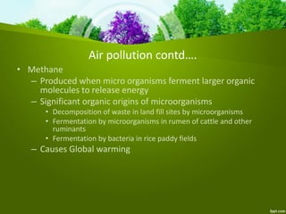 Air pollution contd….
• Methane
– Produced when micro organisms ferment larger organic
molecules to release energy
– Significant organic origins of microorganisms
• Decomposition of waste in land fill sites by microorganisms
• Fermentation by microorganisms in rumen of cattle and other
ruminants
• Fermentation by bacteria in rice paddy fields
– Causes Global warming
 