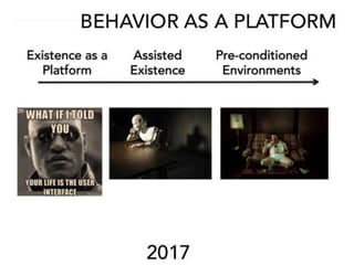 60
Implications - Prosumers
The corporatization of the individual
2012
IT’S NOT A PHONE
It’s gone from a phone
that takes pictures,
to a camera that makes
calls.
2014
INTERNET TO THE BODY
Apple, Google and
many startup health
organizations map the
human body.
2014
INTERNET TO THE HOME
IOT comes home to
roost as your body
becomes the middle
man.
2013
SMAC vs. SEAM
No more applications!
(Social, Mobile
Analytical, Cloud)
versus (Sensor,
Environment, Algorithm,
Mesh)
Existence
 