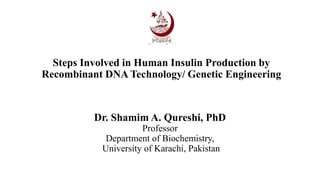 Steps Involved in Human Insulin Production by
Recombinant DNA Technology/ Genetic Engineering
Dr. Shamim A. Qureshi, PhD
Professor
Department of Biochemistry,
University of Karachi, Pakistan
 