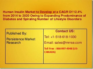 Human Insulin Market to Develop at a CAGR Of 12.4%
from 2014 to 2020 Owing to Expanding Predominance of
Diabetes and Spiraling Number of Lifestyle Disorders
Published By:
Persistence Market
Research
Contact US:
Tel: +1-518-618-1030
Email: sales@mrrse.com
Toll Free : 866-997-4948 (US-
CANADA)
 