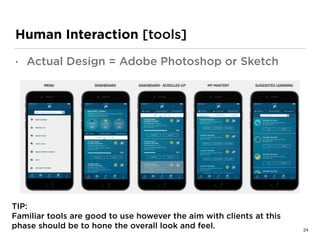 Human Interaction [tools]
• Actual Design = Adobe Photoshop or Sketch
TIP: 
Familiar tools are good to use however the aim with clients at this
phase should be to hone the overall look and feel. 24
 
