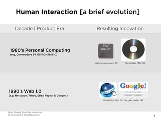 Human Interaction [a brief evolution]
Decade | Product Era Resulting Innovation
8
1980’s Personal Computing 
(e.g, Commodore 64 OS ROM BASIC)
Intel microprocessor ’85 Recordable CD’s ‘88
1990’s Web 1.0 
(e.g, Netscape, Yahoo, Ebay, Paypal & Google )
World Wide Web ’91 Google founded ‘98
Ryan Smeets, Brushﬁre Interactive

@ryansmeets & @startabrushﬁre
 