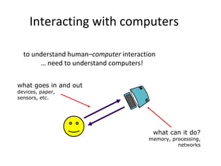 Interacting with computers
to understand human–computer interaction
… need to understand computers!
what goes in and out
devices, paper,
sensors, etc.
what can it do?
memory, processing,
networks
 