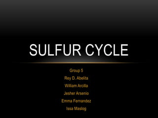 SULFUR CYCLE
       Group 5
    Rey D. Abelita
    William Arcilla
    Jesher Arsenio
   Emma Fernandez
     Issa Maslog
 