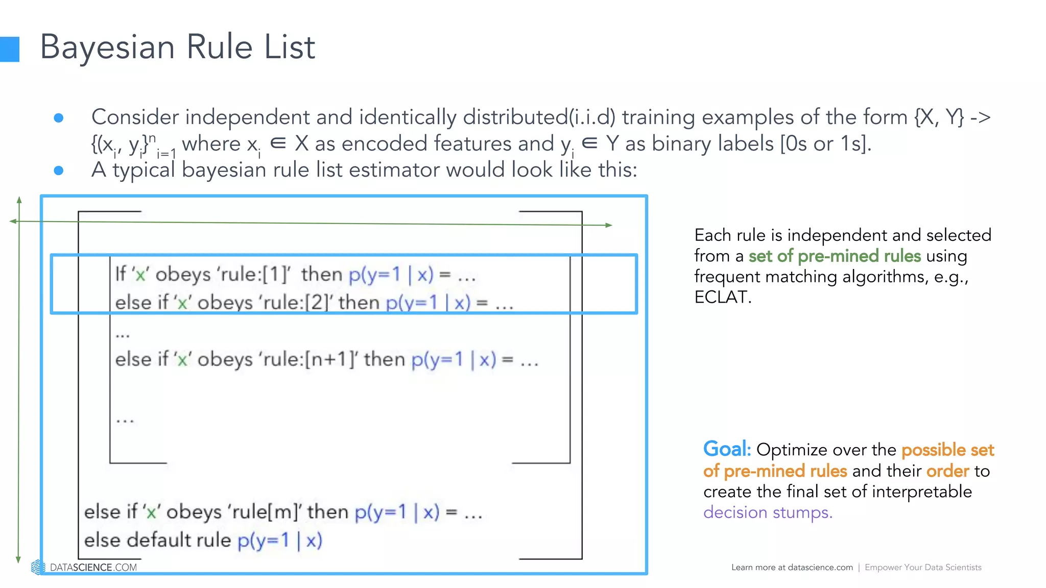 Learn more at datascience.com  |  Empower Your Data Scientists
Bayesian Rule List
● Consider independent and identically distributed(i.i.d) training examples of the form {X, Y} ->
{(xi
, yi
}n
i=1
where xi
∈ X as encoded features and yi
∈ Y as binary labels [0s or 1s].
● A typical bayesian rule list estimator would look like this:
Each rule is independent and selected
from a set of pre-mined rules using
frequent matching algorithms, e.g.,
ECLAT.
Goal: Optimize over the possible set
of pre-mined rules and their order to
create the final set of interpretable
decision stumps.
 