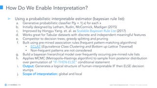Learn more at datascience.com  |  Empower Your Data Scientists
How Do We Enable Interpretation?
➢ Using a probabilistic interpretable estimator (bayesian rule list):
a. Generative probabilistic classifier P(y = 1| x) for each x
b. Initially designed by Letham, Rudin, McCormick, Madigan (2015)
c. Improved by Hongyu Yang. et. al. as Scalable Bayesian Rule List (2017)
d. Works great for Tabular datasets with discrete and independent meaningful features
e. Competitor to decision trees; greedy splitting and pruning
f. Built using pre-mined association rules (frequent pattern-matching algorithms)
• ECLAT (Equivalence Class Clustering and Bottom up Lattice Traversal)
• Non-frequent patterns are not considered
g. Build a bayesian hierarchical model over frequently occuring pre-mined rule lists
h. Applies MCMC (Metropolis–Hastings algorithm) to sample from posterior distribution
over permutation of “IF-THEN-ELSE” conditional statement
i. Output: Generates a logical structure of human-interpretable IF then ELSE decision
stumps
j. Scope of interpretation: global and local
 