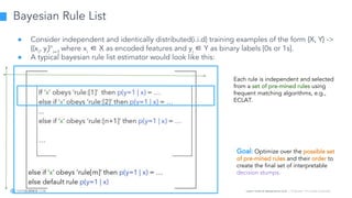 Learn more at datascience.com  |  Empower Your Data Scientists
Bayesian Rule List
● Consider independent and identically distributed(i.i.d) training examples of the form {X, Y} ->
{(xi
, yi
}n
i=1
where xi
∈ X as encoded features and yi
∈ Y as binary labels [0s or 1s].
● A typical bayesian rule list estimator would look like this:
Each rule is independent and selected
from a set of pre-mined rules using
frequent matching algorithms, e.g.,
ECLAT.
Goal: Optimize over the possible set
of pre-mined rules and their order to
create the final set of interpretable
decision stumps.
 