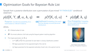 Learn more at datascience.com  |  Empower Your Data Scientists
Optimization Goals for Bayesian Rule List
Sample from a posterior distribution over a permutation of pre-mined “IF-THEN-ELSE” conditional
statement:
(d|X, Y, A, , λ, ) ∝ (Y|X, d, ) * (d|A, λ, )
where,
● d = Ordered subset of rules
● A: Pre-mined collection of all rules using the frequent pattern matching algorithm
● Prior hyper-parameters: , λ,
○ = [ 0, 1]: Prior parameter for each label in a binary classification problem
○ λ: Hyper-parameter for the expected length of the rule list
○ : Hyper-parameter for the expected cardinality of each rule in the optimal rule list
Likelihood: Probability of an event
that has already occurred (binomial
distribution).
Prior Probability: Probability
of one’s belief before evidence
(beta distribution).
Posterior: Conditional probability of an
event based on relevant evidence
∝
See Chapter Three of Machine
Learning: A Probabilistic Perspective
 