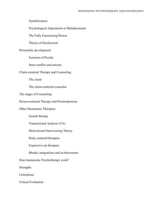 HUMANISTIC PSYCHOTHERAPY AND COUNSELING3
Symbolization
Psychological Adjustment or Maladjustment
The Fully Functioning Person
Theory of Dysfunction
Personality development
Function of Psyche
Inner conflict and anxiety
Client-centered Therapy and Counseling
The client
The client-centered counselor
The stages of Counseling
Person-centered Therapy and Postmodernism
Other Humanistic Therapies
Gestalt therapy
Transactional Analysis (TA)
Motivational Interviewing Theory
Body centered therapies
Expressive art therapies
Blends, integrations and in-betweeners
Does humanistic Psychotherapy work?
Strengths
Limitations
Critical Evaluation
 