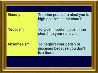 Simony

To bribe people to elect you to
high position in the church

Nepotism

To give important jobs in the
church to your relatives

Absenteeism

To neglect your parish or
dioceses because you don’t
live there

 