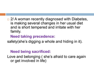  2/ A woman recently diagnosed with Diabetes,
  is making several changes in her usual diet
  and is short tempered and irritate with her
  family.
  Need taking precedence:
safety(she’s digging a whole and hiding in it).

 Need being sacrificed:
Love and belonging ( she’s afraid to care again
  or get involved in life)
 