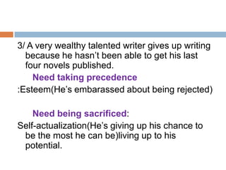 3/ A very wealthy talented writer gives up writing
  because he hasn’t been able to get his last
  four novels published.
    Need taking precedence
:Esteem(He’s embarassed about being rejected)

    Need being sacrificed:
Self-actualization(He’s giving up his chance to
 be the most he can be)living up to his
 potential.
 