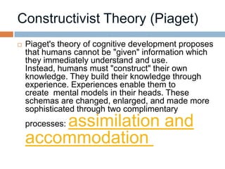    Piaget's theory of cognitive development proposes
    that humans cannot be "given" information which
    they immediately understand and use.
    Instead, humans must "construct" their own
    knowledge. They build their knowledge through
    experience. Experiences enable them to
    create mental models in their heads. These
    schemas are changed, enlarged, and made more
    sophisticated through two complimentary
        assimilation and
    processes:
    accommodation
 