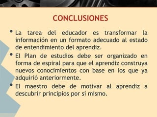 CONCLUSIONES
• La     tarea del educador es transformar la
    información en un formato adecuado al estado
    de entendimiento del aprendiz.
•   El Plan de estudios debe ser organizado en
    forma de espiral para que el aprendiz construya
    nuevos conocimientos con base en los que ya
    adquirió anteriormente.
•   El maestro debe de motivar al aprendiz a
    descubrir principios por sí mismo.
 