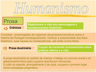 Prosa               Registravam a vida dos personagens e
    Crônicas          acontecimentos históricos.
  
Cronistas - encarregados de organizar documentos/narrativas sobre a
história de Portugal cronologicamente. Verificar a autenticidade dos fatos
históricos, suas causas ou conseqüências, até então nunca feitos.

                                Função de transmitir ensinamentos sobre
     Prosa doutrinária
                                práticas diárias e a vida.

 A prosa doutrinária no sentido de orientar o fidalgo no convívio social e no
 adestramento físico para a guerra (escrita por monarcas).
 O culto do esporte, principalmente o da caça, ocupava o primeiro lugar
 nessa pedagogia pragmática.
 