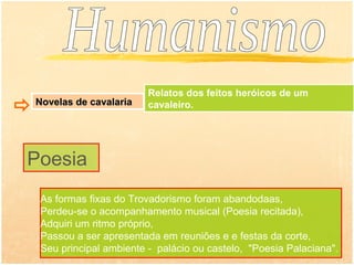 Relatos dos feitos heróicos de um
    Novelas de cavalaria
                          cavaleiro.




Poesia
    As formas fixas do Trovadorismo foram abandodaas,
    Perdeu-se o acompanhamento musical (Poesia recitada),
    Adquiri um ritmo próprio,
    Passou a ser apresentada em reuniões e e festas da corte,
    Seu principal ambiente - palácio ou castelo, "Poesia Palaciana".
 