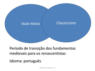 Idade Média Classicismo
Período de transição dos fundamentos
medievais para os renascentistas
rafabebum.blogspot.com
Idioma: português
 