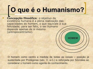 O que é o Humanismo?O que é o Humanismo?
 Concepção filosófica: o objetivo da
existência humana é a plena realização das
capacidades do homem, o que equivale à sua
felicidade; para ser feliz, o ser humano
depende apenas de si mesmo
(antropocentrismo).
HOMEM
O homem como centro e medida de todas as coisas – posição já
sustentada por Protágoras (séc. V, a.C.) e reforçada por Sócrates ao
considerar o homem como agente do conhecimento.
 