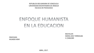 REPUBLICA BOLIVARIANA DE VENEZUELA
UNIVERSIDAD BICENTENARIA DE ARAGUA
ESCUELA DE PSICOLOGIA
BACHILLER:
MARIA JOSE TORREALBA
V-25864389PROFESOR:
IRLANDA ARAY
ABRIL, 2017.
 