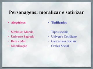 Personagens: moralizar e satirizar
• Alegóricos
- Símbolos Morais
- Universo Sagrado
- Bem x Mal
- Moralização
• Tipificados
- Tipos sociais
- Universo Cotidiano
- Caricaturas Sociais
- Crítica Social
 