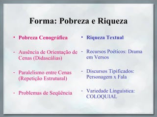 Forma: Pobreza e Riqueza
• Pobreza Cenográfica
- Ausência de Orientação de
Cenas (Didascálias)
- Paralelismo entre Cenas
(Repetição Estrutural)
- Problemas de Seqüência
• Riqueza Textual
- Recursos Poéticos: Drama
em Versos
- Discursos Tipificados:
Personagem x Fala
- Variedade Linguística:
COLOQUIAL
 