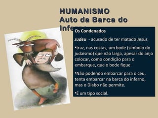HUMANISMOHUMANISMO
Auto da Barca doAuto da Barca do
InfernoInfernoOs Condenados
Judeu - acusado de ter matado Jesus
•traz, nas costas, um bode (símbolo do
judaísmo) que não larga, apesar do anjo
colocar, como condição para o
embarque, que o bode fique.
•Não podendo embarcar para o céu,
tenta embarcar na barca do inferno,
mas o Diabo não permite.
•É um tipo social.
Os Condenados
Judeu - acusado de ter matado Jesus
•traz, nas costas, um bode (símbolo do
judaísmo) que não larga, apesar do anjo
colocar, como condição para o
embarque, que o bode fique.
•Não podendo embarcar para o céu,
tenta embarcar na barca do inferno,
mas o Diabo não permite.
•É um tipo social.
 