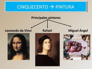 CINQUECENTO  PINTURACINQUECENTO  PINTURA
Principales pintores
Leonardo da Vinci Rafael Miguel Ángel
 