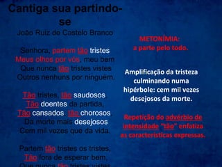 Cantiga sua partindo-
se
João Ruiz de Castelo Branco
Senhora, partem tão tristes
Meus olhos por vós, meu bem
Que nunca tão tristes vistes
Outros nenhuns por ninguém.
Tão tristes, tão saudosos,
Tão doentes da partida,
Tão cansados, tão chorosos,
Da morte mais desejosos
Cem mil vezes que da vida.
Partem tão tristes os tristes,
Tão fora de esperar bem,
METONÍMIA:
a parte pelo todo.
Amplificação da tristeza
culminando numa
hipérbole: cem mil vezes
desejosos da morte.
Repetição do advérbio de
intensidade “tão” enfatiza
as características expressas.
 