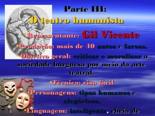 Parte III:Parte III:
O teatro humanistaO teatro humanista
•Representante:Representante: Gil VicenteGil Vicente
•Produção: mais de 40Produção: mais de 40 autosautos ee farsas.farsas.
• Objetivo geral:Objetivo geral: criticar e moralizarcriticar e moralizar aa
sociedade burguesa por meio da artesociedade burguesa por meio da arte
teatral.teatral.
•Técnica: riso fácilTécnica: riso fácil
•Personagens:Personagens: tipos humanostipos humanos ee
alegóricos.alegóricos.
•Linguagem:Linguagem: inteligenteinteligente,, cheia decheia de
 
