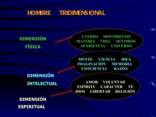HOMBRE        TRIDIMENSIONAL


                        CUERPO MOVIMIENTO
DIMENSIÓN             MATERIA VIDA   SENTIDOS
  FÍSICA               APARIENCIA  UNIVERSO


                       MENTE   CIENCIA  IDEA
                      IMAGINACIÓN   MEMORIA
                        CONCIENCIA   RAZÓN
   DIMENSIÓN
   INTELECTUAL            AMOR VOLUNTAD
                      ESPÍRITU CARÁCTER FE
                     DIOS LIBERTAD RELIGIÓN

DIMENSIÓN
ESPIRITUAL
 