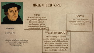 VIDA
Fue un fraile agustino
muy devoto y protector
de causas justas. Se
confesaba muchas
aveces al día. Se casó
con una monja sajona
Influenciado por Erasmo,
analizó críticamente los textos
antiguos y señaló los abusos
de la iglesia. Lanzó las tesis y
no se retractó pese a que fue
excomulgado. Fue protegido
por el príncipe Federico III.
MARTIN LUTERO
REFORMADOR
OBRAS
La 95 tesis, la Biblia
alemana, Sobre los judíos y
sus mentiras.
Alemania
1483-1546
Al iniciar la Reforma protestante
en Alemania, la respuesta de la
iglesia católica fue la
Contrareforma
 