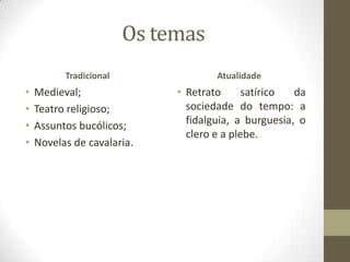 Os temas
Tradicional
• Medieval;
• Teatro religioso;
• Assuntos bucólicos;
• Novelas de cavalaria.
Atualidade
• Retrato satírico da
sociedade do tempo: a
fidalguia, a burguesia, o
clero e a plebe.
 