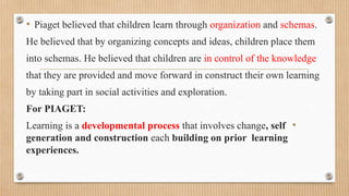 • Piaget believed that children learn through organization and schemas.
He believed that by organizing concepts and ideas, children place them
into schemas. He believed that children are in control of the knowledge
that they are provided and move forward in construct their own learning
by taking part in social activities and exploration.
For PIAGET:
•Learning is a developmental process that involves change, self
generation and construction each building on prior learning
experiences.
 