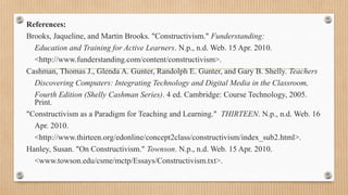 References:
Brooks, Jaqueline, and Martin Brooks. "Constructivism." Funderstanding:
Education and Training for Active Learners. N.p., n.d. Web. 15 Apr. 2010.
<http://www.funderstanding.com/content/constructivism>.
Cashman, Thomas J., Glenda A. Gunter, Randolph E. Gunter, and Gary B. Shelly. Teachers
Discovering Computers: Integrating Technology and Digital Media in the Classroom,
Fourth Edition (Shelly Cashman Series). 4 ed. Cambridge: Course Technology, 2005.
Print.
"Constructivism as a Paradigm for Teaching and Learning." THIRTEEN. N.p., n.d. Web. 16
Apr. 2010.
<http://www.thirteen.org/edonline/concept2class/constructivism/index_sub2.html>.
Hanley, Susan. "On Constructivism." Townson. N.p., n.d. Web. 15 Apr. 2010.
<www.towson.edu/csme/mctp/Essays/Constructivism.txt>.
 
