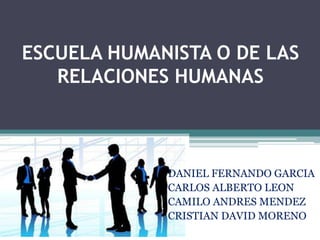 ESCUELA HUMANISTA O DE LAS
RELACIONES HUMANAS
DANIEL FERNANDO GARCIA
CARLOS ALBERTO LEON
CAMILO ANDRES MENDEZ
CRISTIAN DAVID MORENO
 