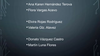 •Ana Karen Hernández Terova
•Flora Vargas Acevo
•Elvira Rojas Rodríguez
•Valeria Glz. Alavez
•Donato Vázquez Castro
•Martín Luna Flores
 