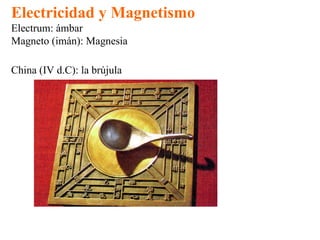 Electricidad y Magnetismo Electrum: ámbar Magneto (imán): Magnesia China (IV d.C): la brújula 
