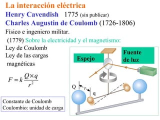 La interacción eléctrica
 Henry Cavendish 1775 (sin publicar)
 Charles Augustin de Coulomb (1726-1806)
 Físico e ingeniero militar.
  (1779) Sobre la electricidad y el magnetismo:
 Ley de Coulomb
 Ley de las cargas                              Fuente
                              Espejo            de luz
 magnéticas
      Q×q
  F =k 2
       r                     Q
                                   q
Constante de Coulomb
Coulombio: unidad de carga
 