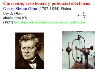 Corriente, resistencia y potencial eléctricos
Georg Simon Ohm (1787-1854) Físico
Ley de Ohm                                           V
                                                 R=
ohmio, mho (Ω)                                       I
(1827) Investigación matemática del circuito galvánico
 